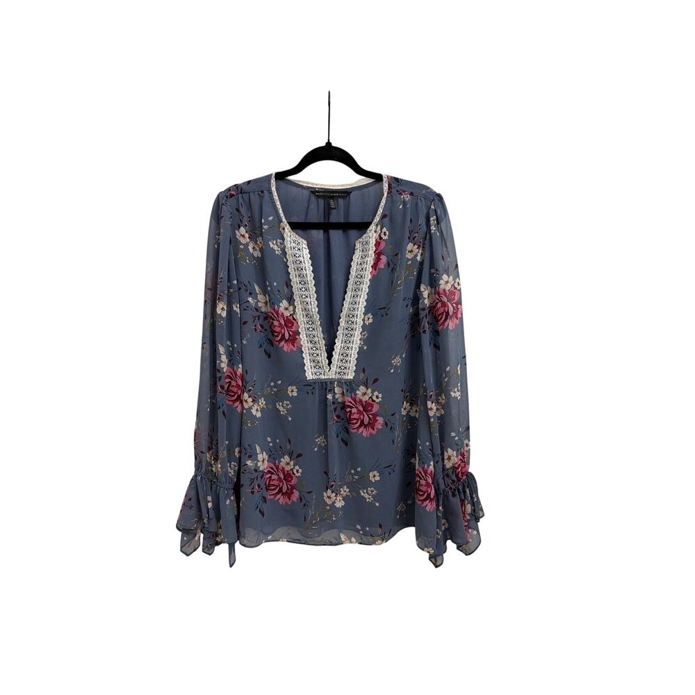 White House Black Market Blue Feminine Floral Flowy Blouse Size 14